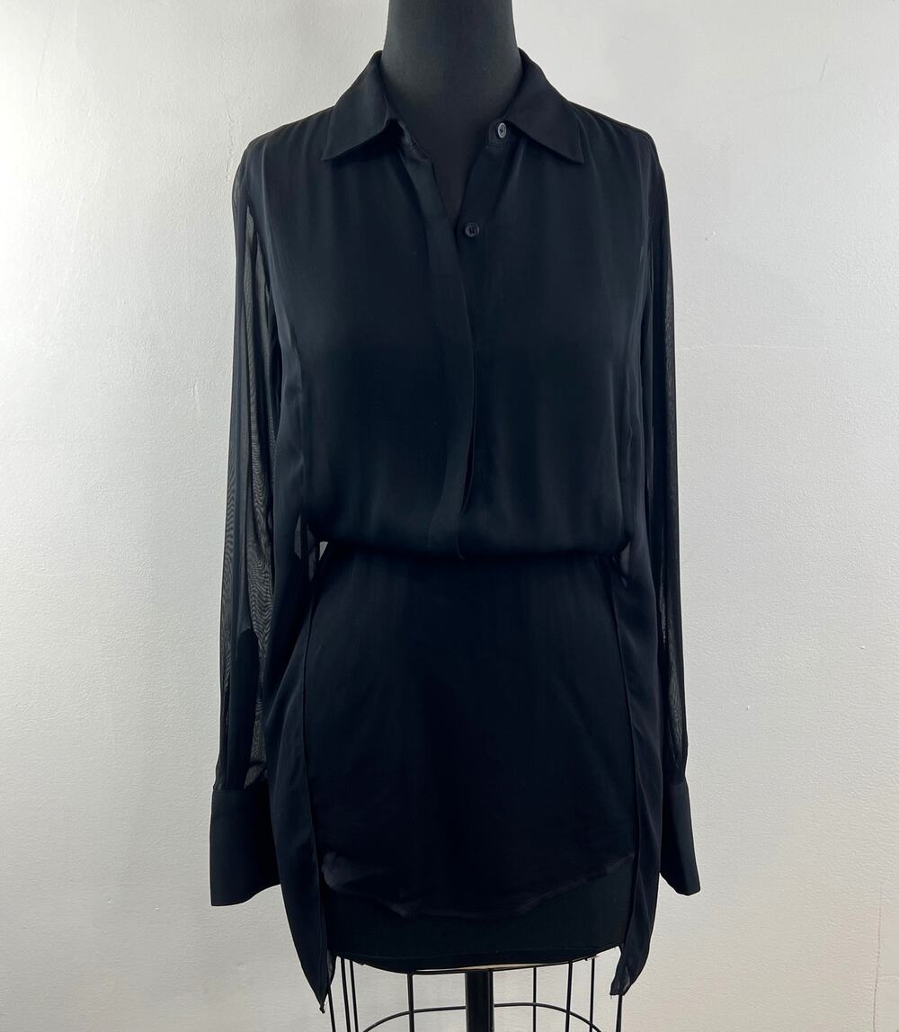 DKNY Black Tunic Blouse Crepe Sheer Collared Long Sleeve Casual Button-Up Size 2